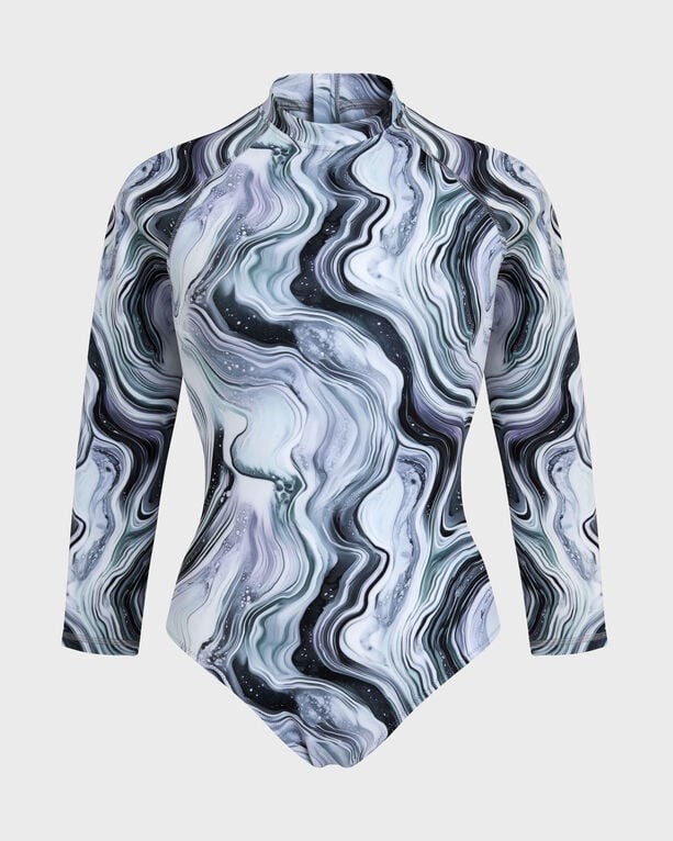 White one-piece rashguard with a marble pattern in shades of black, grey, and teal, featuring long sleeves and a high neckline for UV protection, size XS.