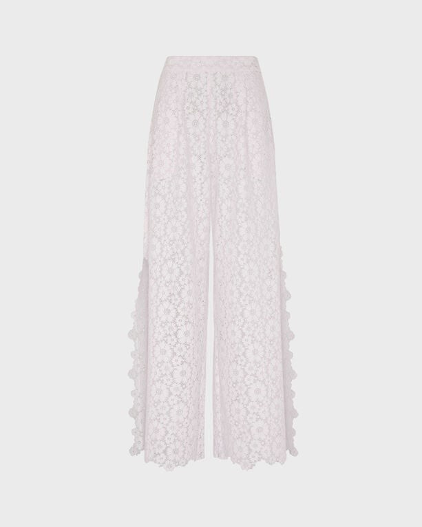 Light pink lace wide-leg pants featuring floral patterns and scalloped edges, designed by Vilebrequin in size L.