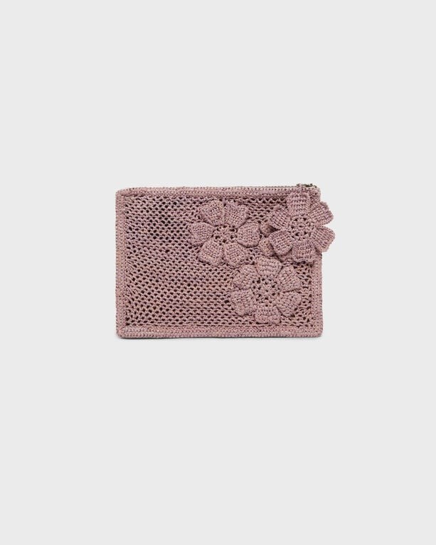 Pink raffia pouch featuring a textured crochet design with floral embellishments, ideal for accessories or small items, by Vilebrequin in size OSFA.