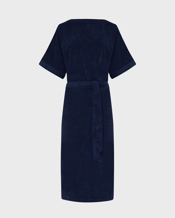 Reversible blue terry cover-up dress by Vilebrequin, featuring short sleeves, a belted waist, and a solid design, available in size L.