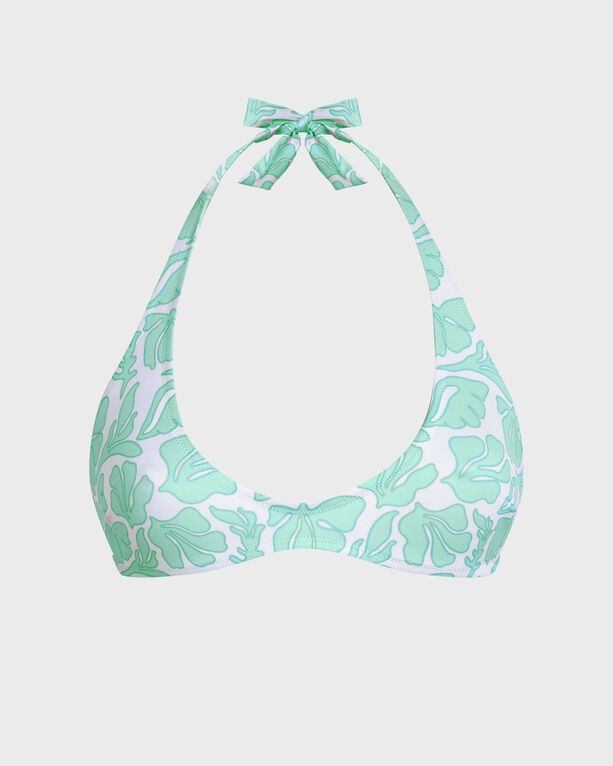 White bikini top with a round neckline, featuring a seashell and leaf pattern in light green, adjustable halter neck ties, and made from swimwear material, size S.