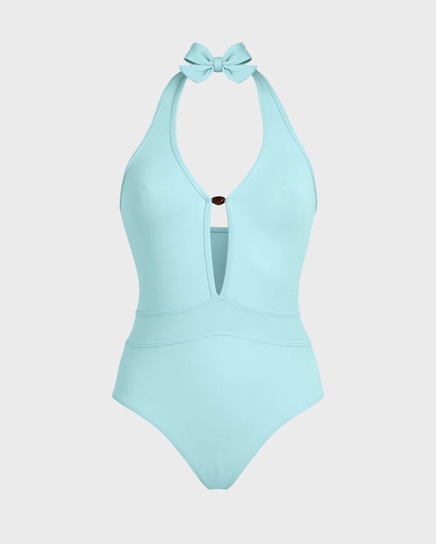 Light blue one-piece swimsuit with pearl detail, deep V-neck, halter neck tie, and sculpting design, featuring a fitted silhouette and size XS.