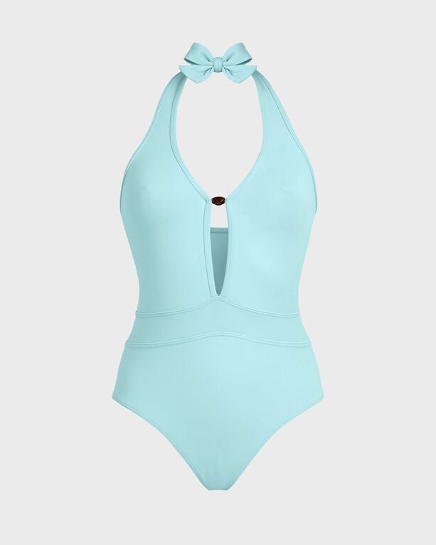 Light blue one-piece swimsuit with a deep V-neck, pearl detail, and a bow tie at the neck, made from smooth material, designed for women in size XL.