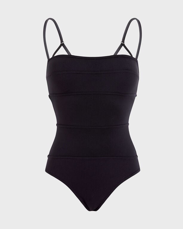 Black one-piece swimsuit by Vilebrequin, featuring a sculpting design, adjustable thin straps, and a sleek, solid fabric with horizontal seam detailing, in size XS.