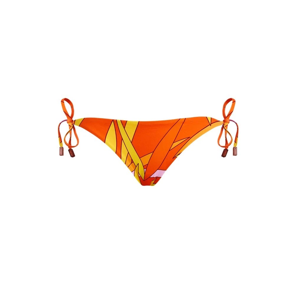 Women’s side tie bikini bottom in vibrant orange with a geometric yellow and pink pattern, featuring adjustable ties on each side and a comfortable fit, size XS.