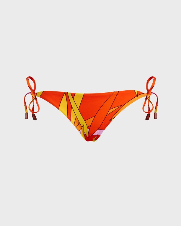 Women’s side tie bikini bottom in vibrant orange with a geometric pattern, featuring adjustable ties on the sides and decorative beads, made from lightweight swimwear material, size XL.