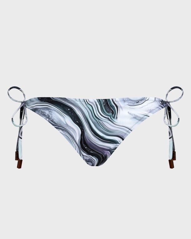 White bikini bottom with a marble pattern in shades of gray and black, featuring side ties for adjustable fit, made from a smooth swimwear material, size XS.
