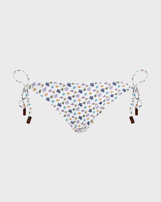 White bikini bottom featuring a colorful turtle print, side ties with decorative beads, and a micro cut, designed for women in size M by Vilebrequin.