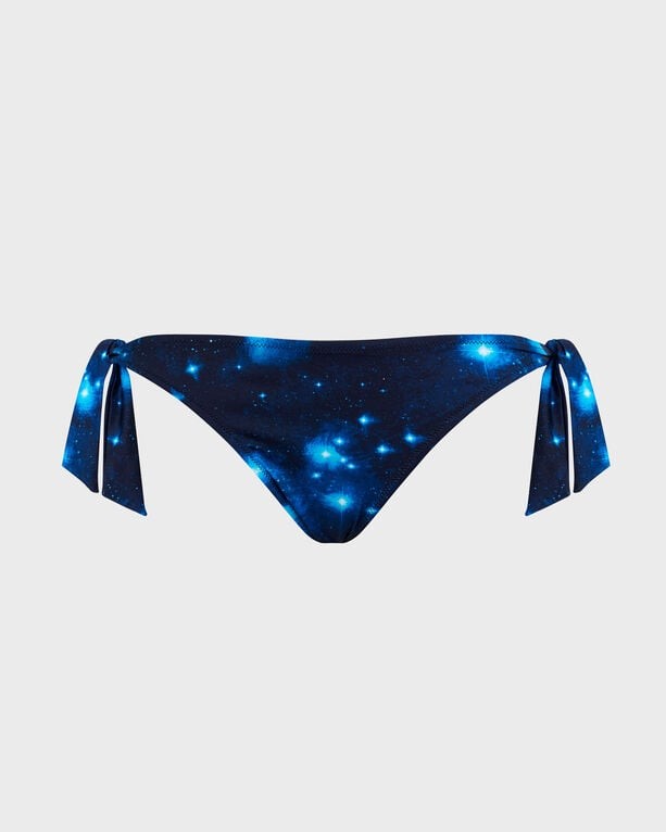 Women’s Vilebrequin Side Tie Bikini Bottom in a vibrant blue Pégase print, featuring a starry design and adjustable ties on each side, made from soft swimwear material, size S.