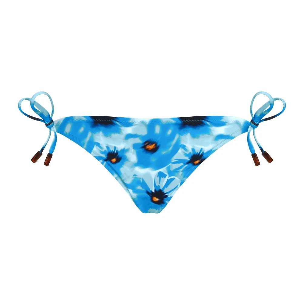 Blue bikini bottom featuring a floral poppy print, side tie details with brown accents, made from lightweight swimwear material, available in size XL.