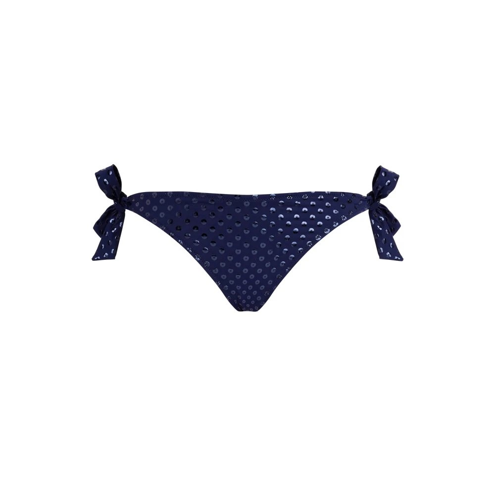 Navy blue bikini bottom with side ties, featuring a sparkling relief pattern and made from lightweight swimwear material, size S.