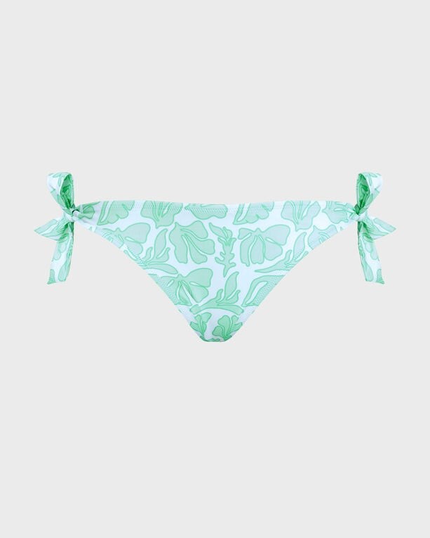 White bikini bottom featuring a seashells pattern in green, with side ties for adjustable fit, made from lightweight swimwear material, size L.