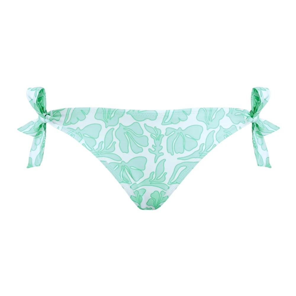 White bikini bottom with seashell print, featuring side ties in a flamme color, made from lightweight swimwear material, designed for women in size S.