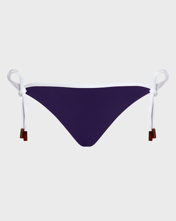 Purple bikini bottom with white side ties, featuring decorative brown beads at the ends, made from a smooth swimwear material, designed for women in size L.