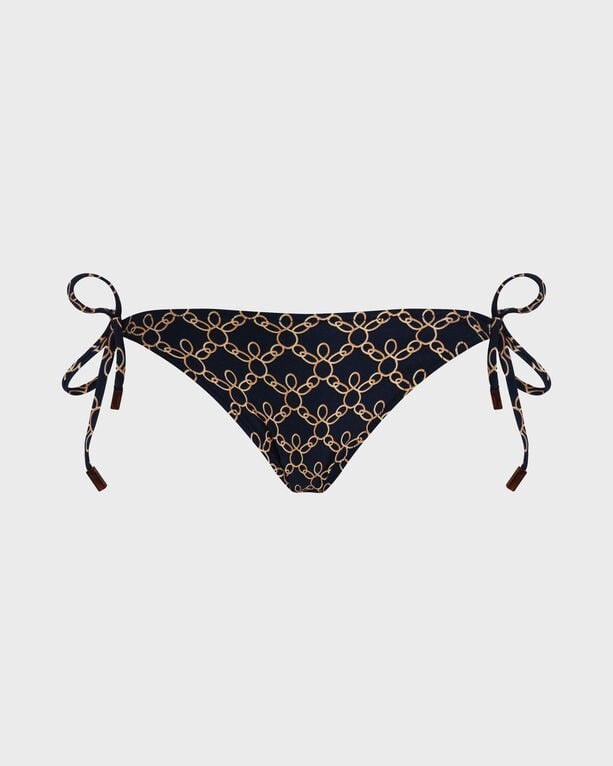 Blue bikini bottom with a turtle chain pattern, featuring side ties for adjustment, made from lightweight swimwear material, and designed by Vilebrequin in size L.