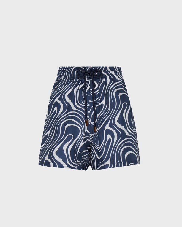 Blue silk Bermuda shorts with a wavy white pattern, featuring an elastic waistband and drawstring, designed for women in size S by Vilebrequin.