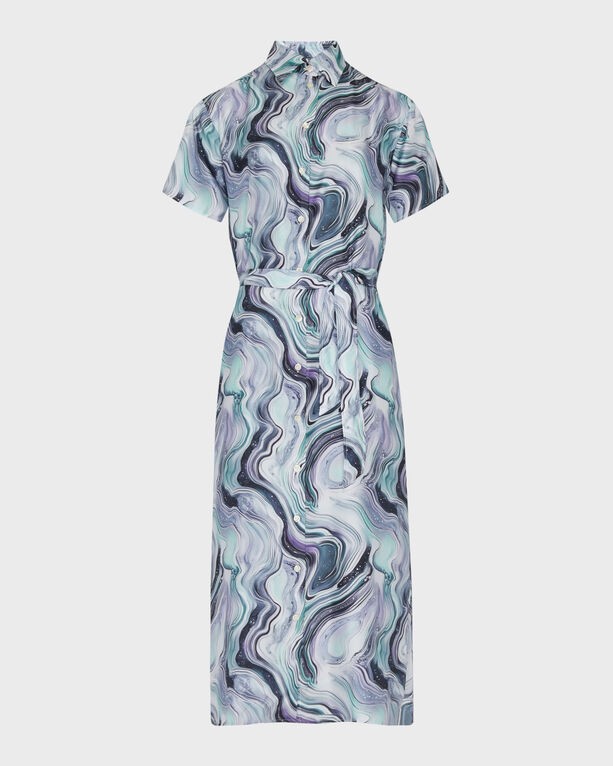 White silk long shirt dress with a marble pattern in shades of blue and purple, featuring short sleeves, a collar, and a tie belt at the waist, size L.
