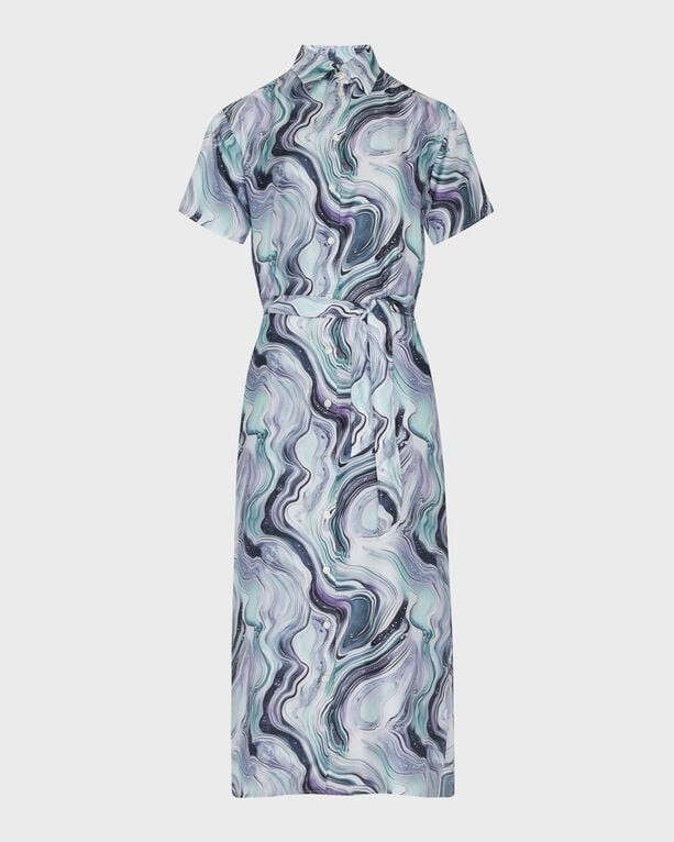 White silk long shirt dress with a marble pattern in shades of blue, purple, and green, featuring short sleeves, a collar, and a waist tie, size M.