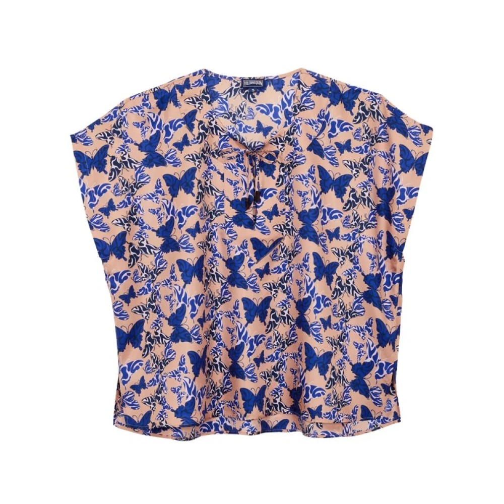 Pink silk shirt featuring a vibrant butterfly print in blue, with a relaxed fit and short sleeves, designed by Vilebrequin in size S.