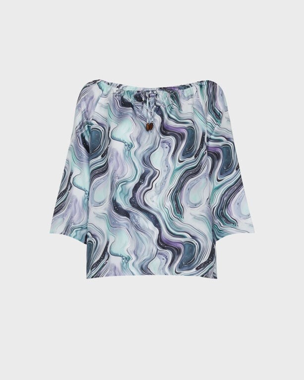 White silk shirt featuring a colorful marble pattern in shades of purple and green, with a relaxed fit and wide sleeves.
