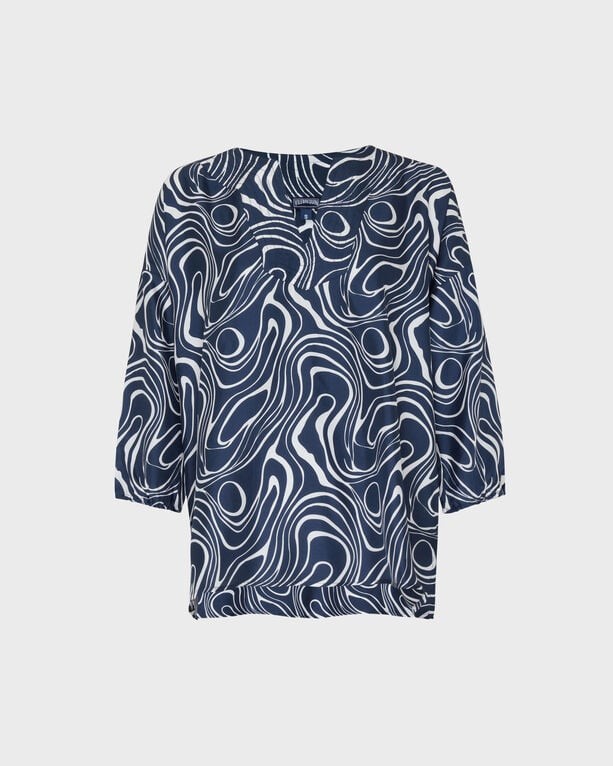 Blue silk shirt with a wave pattern, featuring three-quarter sleeves and a relaxed fit, designed by Vilebrequin in size XS.