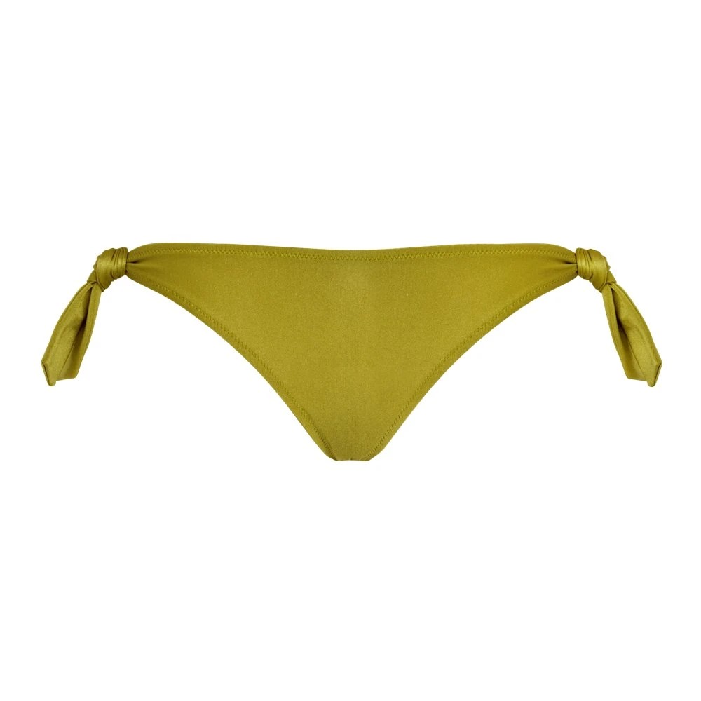 Solid green bikini bottom with a shiny finish, featuring adjustable tie sides, made from stretchy swimwear material, in size S by Vilebrequin.