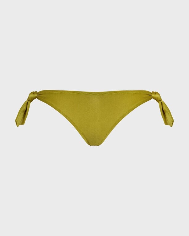 Solid green bikini bottom with shiny stretch material, featuring adjustable tie sides, designed for women, size XL, by Vilebrequin.