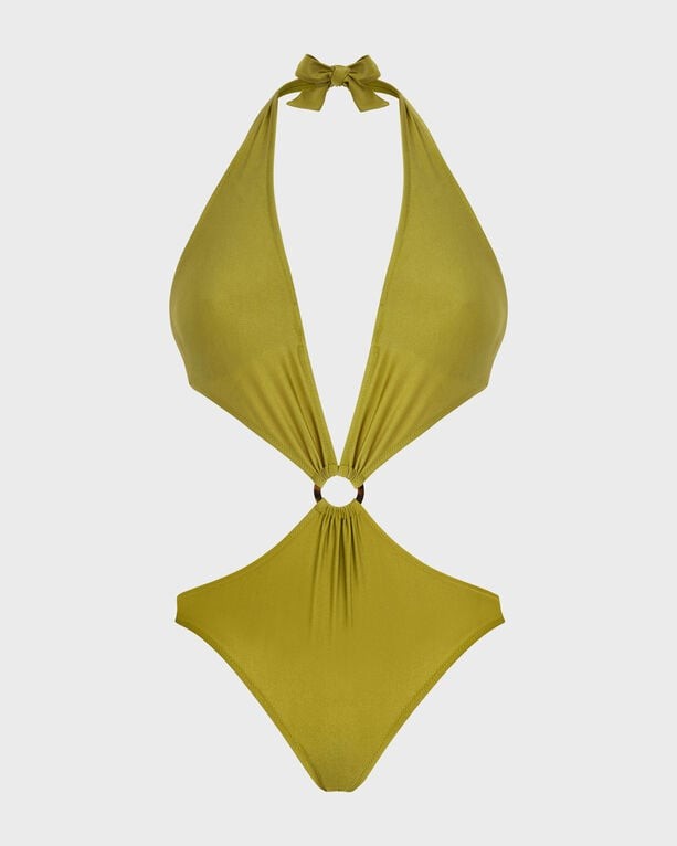 Solid green one-piece trikini swimsuit with a shiny finish, featuring a deep V-neck, halter neck tie, and a circular cutout at the waist, made from stretchy material, size XL.