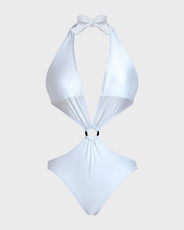 White solid stretch shiny trikini one-piece swimsuit featuring a halter neck, a front cutout with a circular accent, and a tied bow detail at the neck, size M.