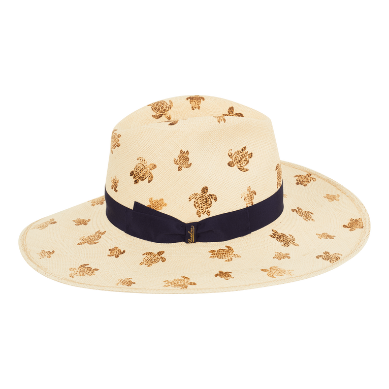 Beige straw hat featuring a wide brim, adorned with turtle patterns and a navy ribbon band, from the Vilebrequin X Borsalino collaboration, size S.