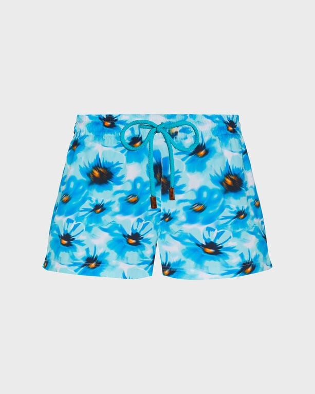 Women’s blue stretch swim shorts featuring a vibrant poppy floral pattern, elastic waistband with a turquoise drawstring, and a shorty cut, size M.