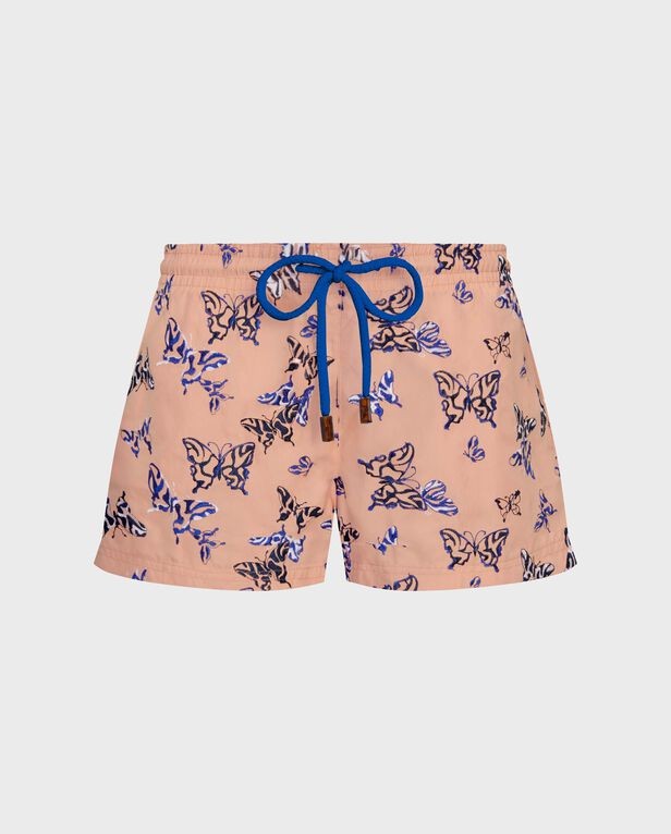 Pink swim shorts featuring an embroidered disco butterfly pattern in blue and black, with a drawstring waist and a shorty cut, size M.
