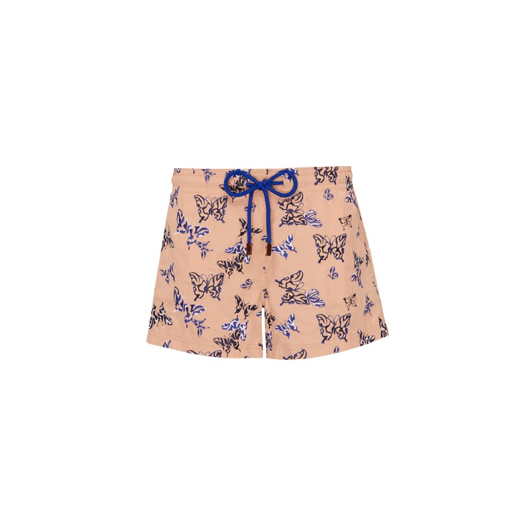 Pink swim shorts featuring embroidered disco butterflies in blue and black, with a drawstring waist, made from lightweight material, designed for women in size XS.