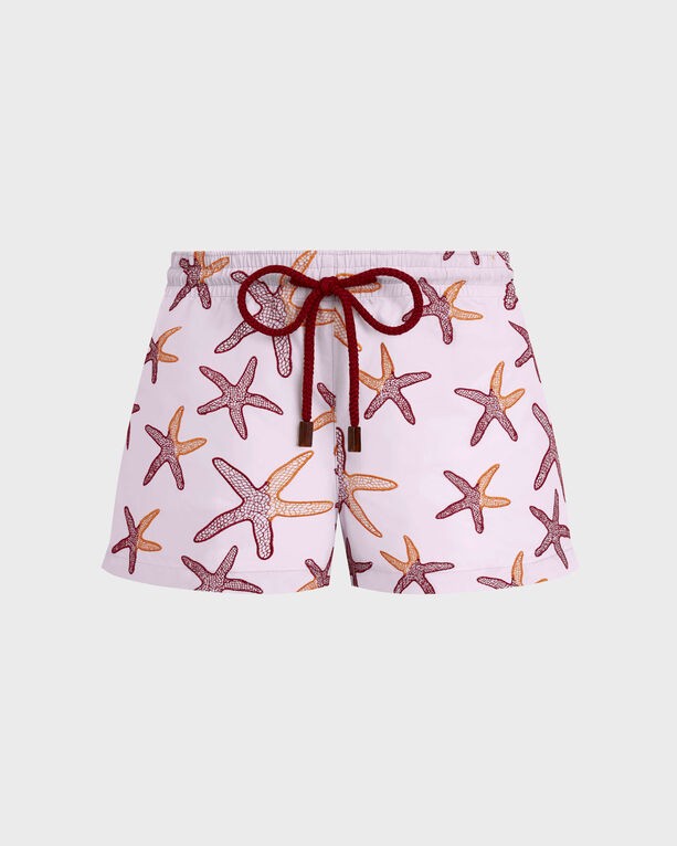 Pink swim shorts featuring embroidered starfish in orange and burgundy, with a drawstring waist and a relaxed fit, designed for women in size XL.
