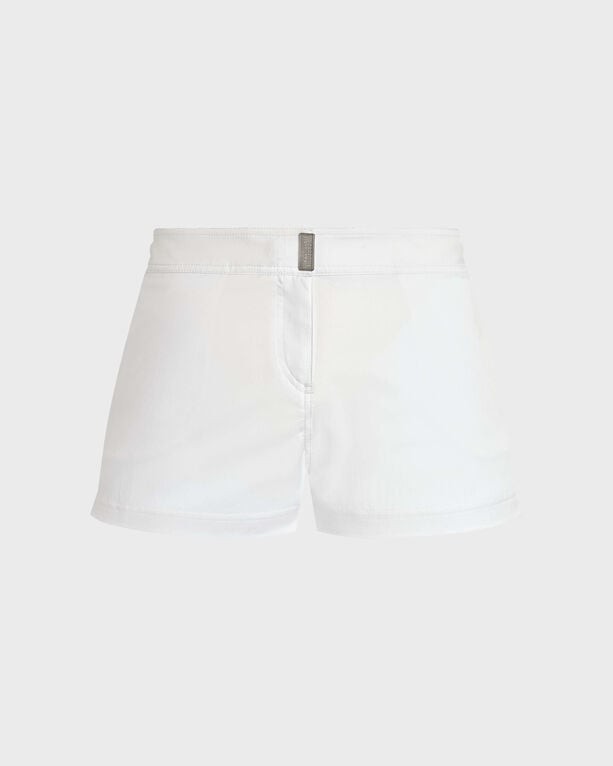 White shorty swim shorts by Vilebrequin, featuring a solid design, made from lightweight material, with a subtle logo detail on the back waistband, in size L.
