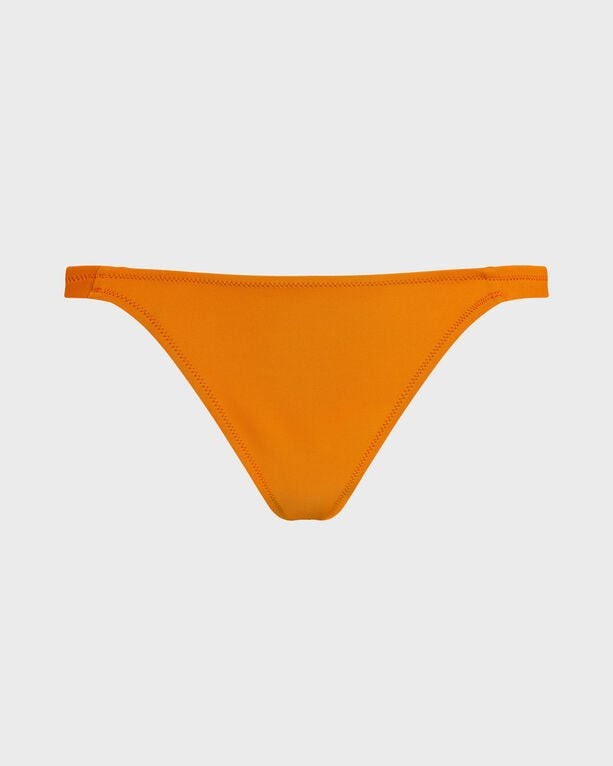 Solid orange tanga bikini bottom by Vilebrequin, made from smooth swimwear material, featuring a minimalistic design and available in size XL.