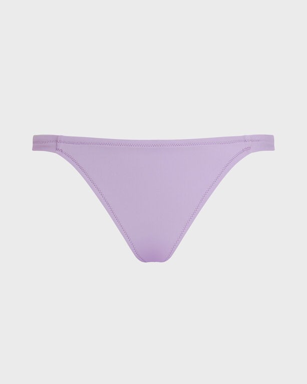 Solid purple tanga bikini bottom made from smooth material, featuring a low-rise cut and minimal coverage, designed for women's swimwear by Vilebrequin in size M.