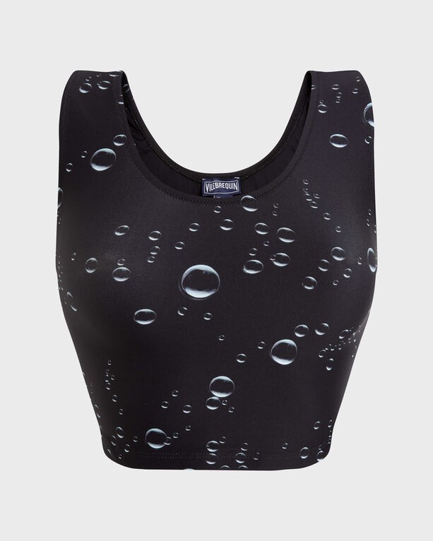 Black tankini top featuring a 3D bubble print, made from a stretchy material, with a scoop neckline and wide straps, designed for women in size S by Vilebrequin.