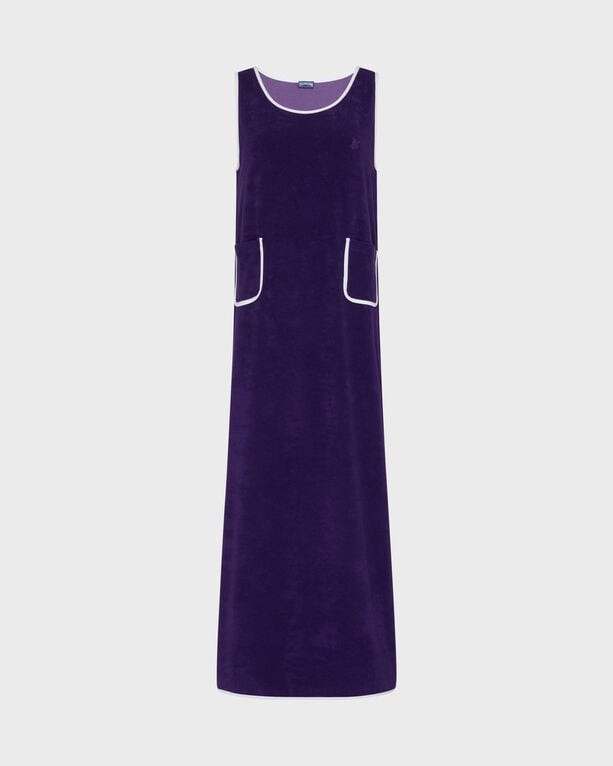 Purple terry long tank dress by Vilebrequin, featuring a relaxed fit, two front pockets, and contrasting white piping along the neckline and pockets, in size M.