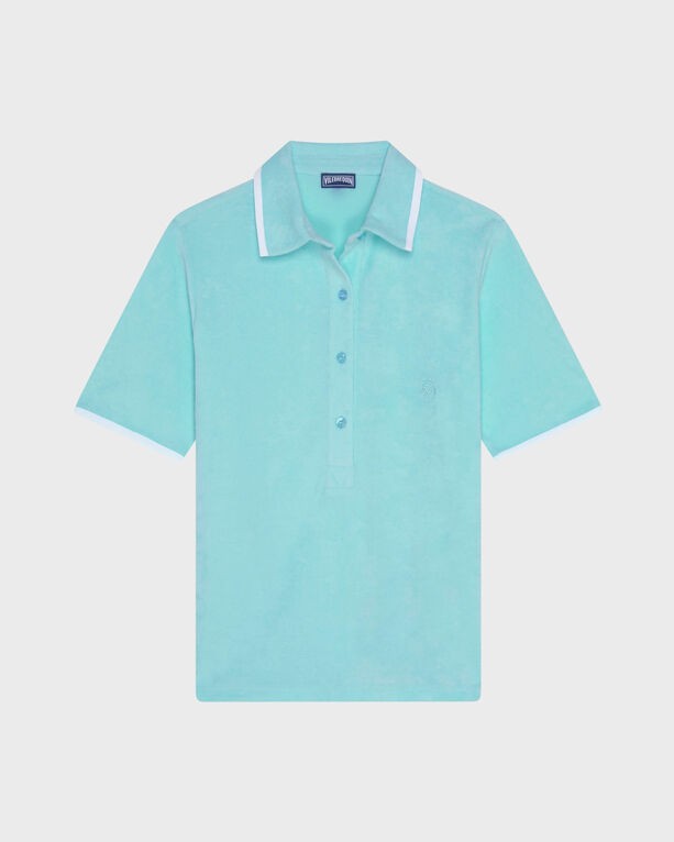 Light blue terry polo shirt by Vilebrequin, featuring a classic collar, short sleeves with white trim, and a three-button placket, size M.
