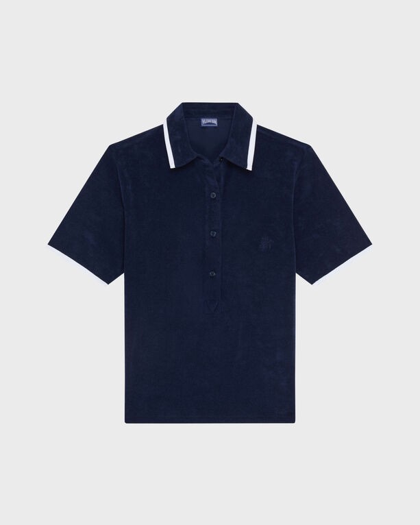 Navy blue terry polo shirt with a classic collar, featuring white trim and a buttoned placket, designed for women in size S by Vilebrequin.