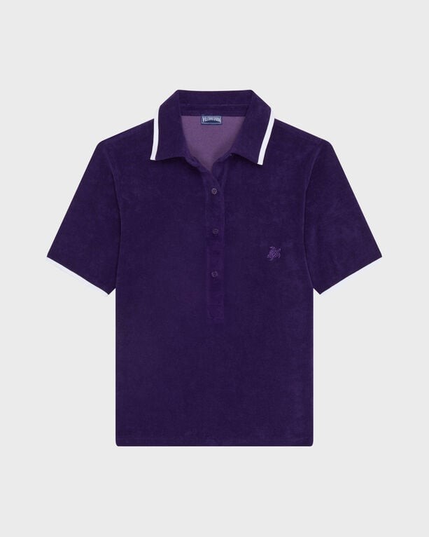 Purple terry polo shirt by Vilebrequin, featuring a classic collar, short sleeves, and white trim, with a small logo on the chest, available in size S.