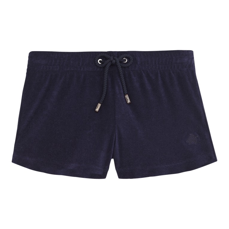 Blue terry cloth shorts by Vilebrequin, featuring a drawstring waist, solid color, and logo detail, available in size XL.