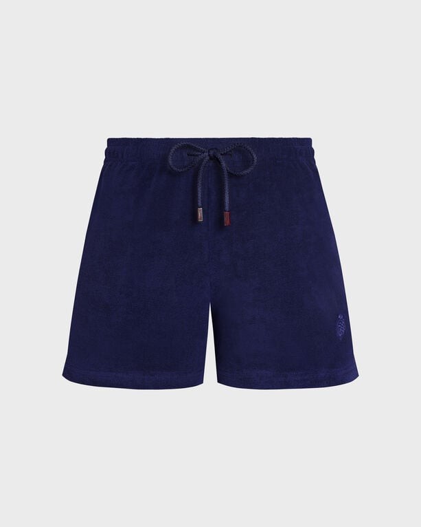 Blue terry shorts for women by Vilebrequin, featuring a drawstring waist, solid color, and a shorty cut, available in size S.