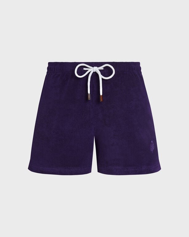 Purple terry shorts by Vilebrequin, featuring a drawstring waist with wooden accents, in a shorty style, available in size M.