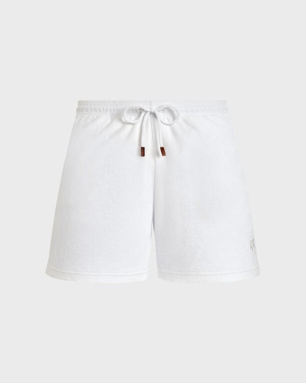 White terry shorts by Vilebrequin, featuring an elastic waistband with a drawstring, short length, and a subtle logo detail on the side, available in size L.