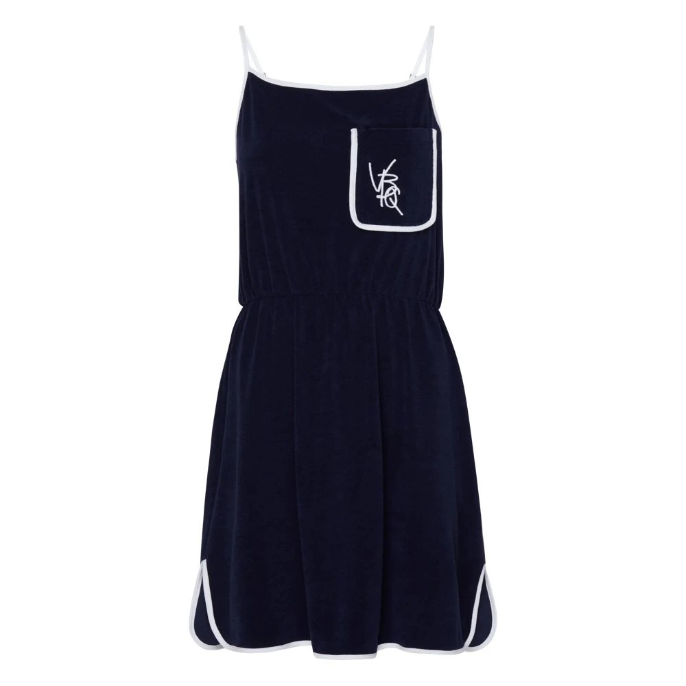 Blue terry tank dress by Vilebrequin, featuring a white pocket with logo, adjustable straps, and a relaxed fit, available in size M.
