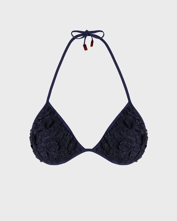 Blue triangle bikini top featuring embroidered guipure floral designs, adjustable ties at the neck, and a sleek, stylish silhouette, available in size XS/S.