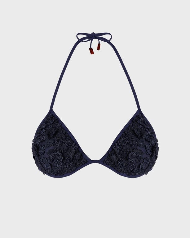 Navy blue triangle bikini top featuring intricate embroidered guipure floral designs, adjustable ties at the neck and back, and a size designation of M/L.