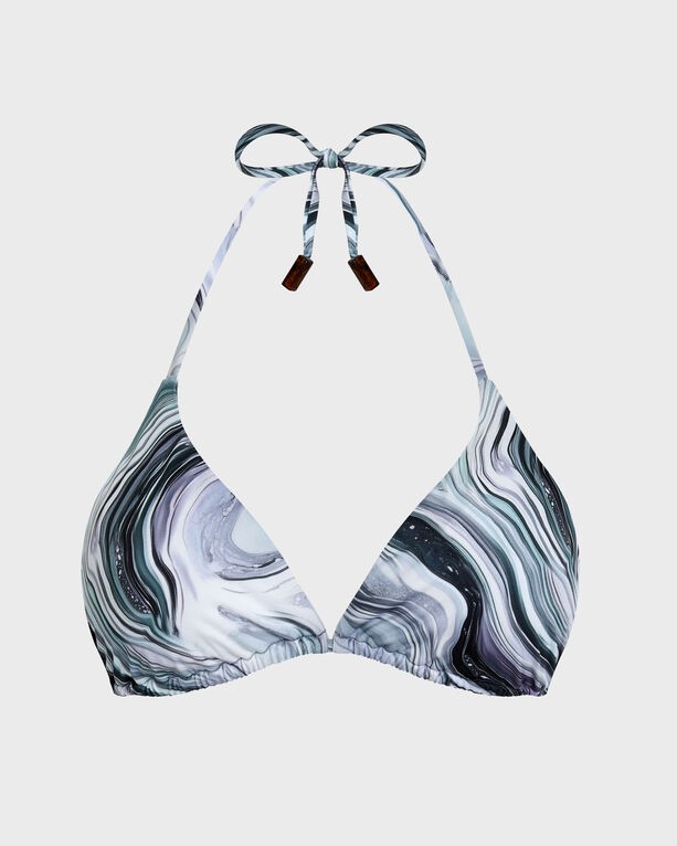 White triangle bikini top with a marble pattern in shades of green and gray, featuring adjustable ties and brown accents, designed for women in size L.